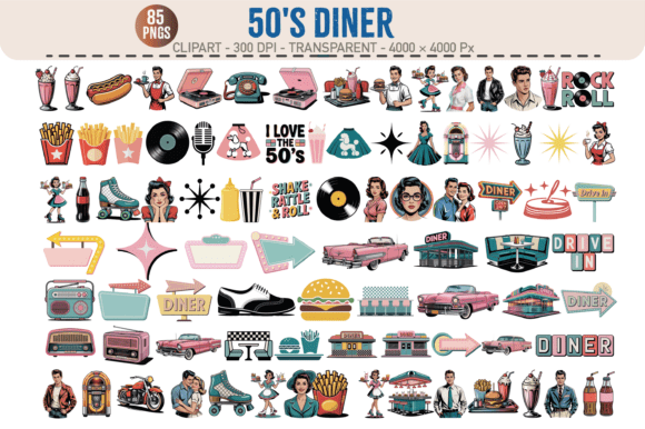 Unlocking Retro Charm with 50’s Diner Clipart – 85 PNGs for Creative Projects