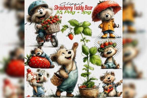 Watercolor Strawberry Teddy Bear Clipart