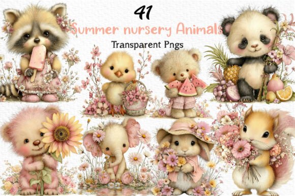 Whimsical Summer Nursery Animals Clipart: Elevating Digital Design with Soft, Seasonal Charm